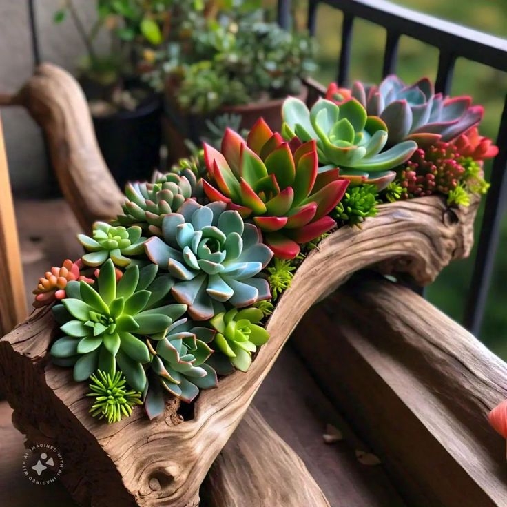 Colorful succulent cuttings arranged on curved driftwood planter, fresh and ready to root and propagate.
