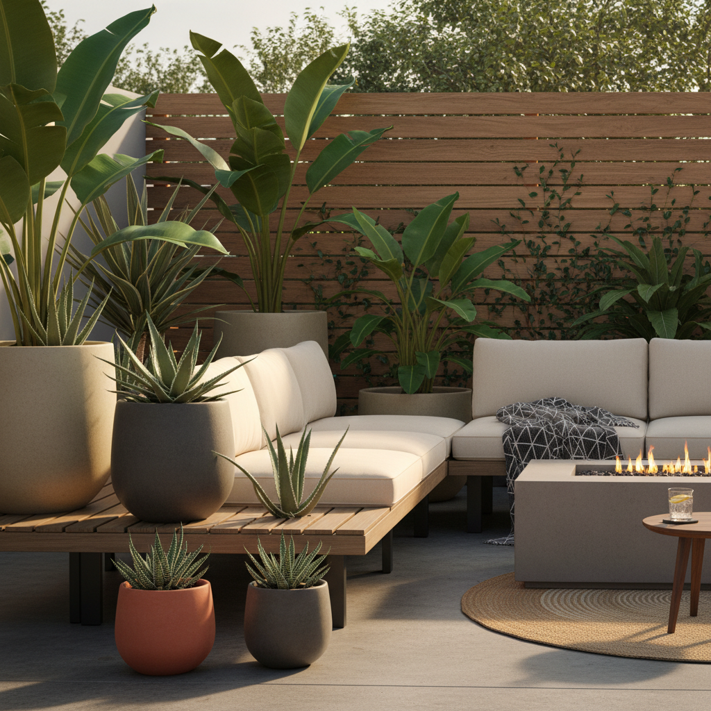 Backyard patio with tropical plants