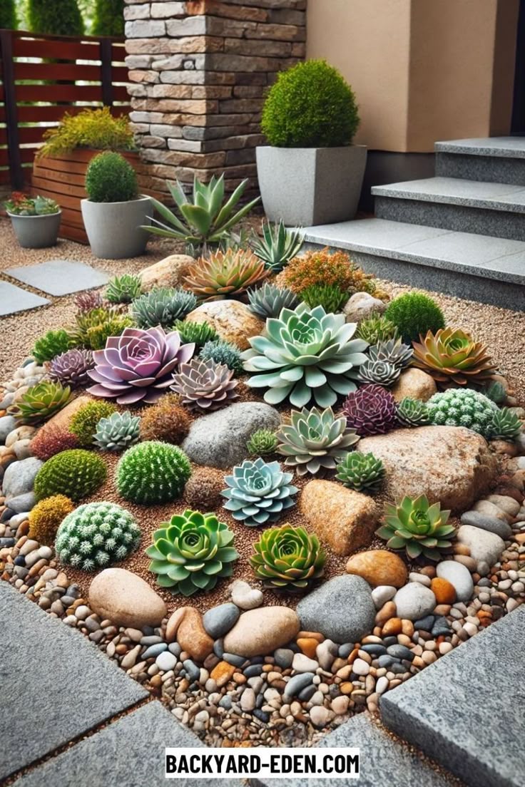 Assorted succulents arranged in a decorative rock garden.