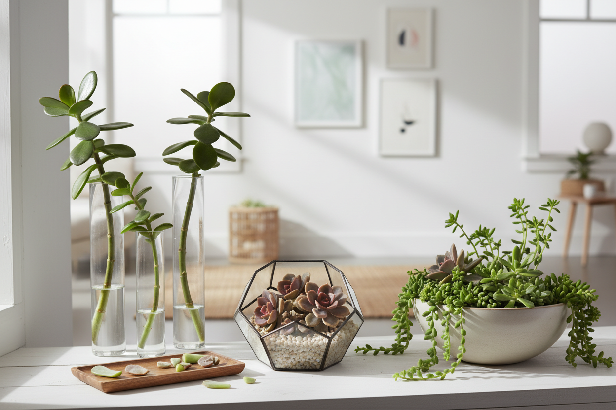 Fresh succulent cuttings ready to root, displayed on a white windowsill with glass vases and a terrarium.