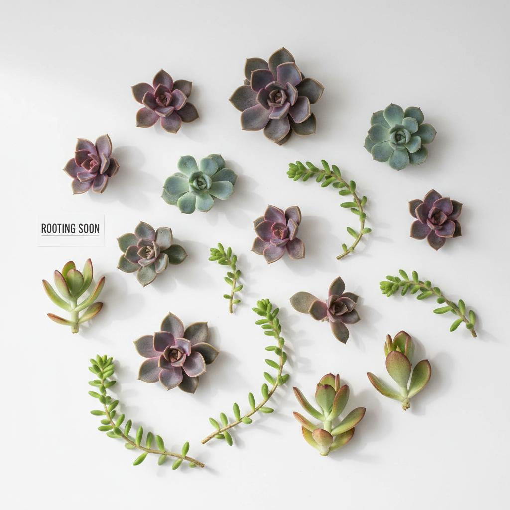 Assorted succulent cuttings on white background, freshly harvested and callused, ready to root and grow